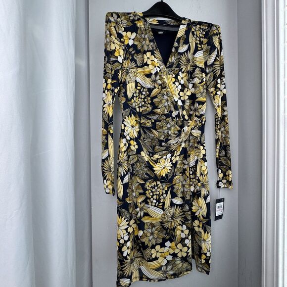 Tommy Hilfiger Dresses & Skirts - Women's Tommy Hilfiger Navy Yellow Flower Long Sleeve Dress Wrap V Size 10 NEW